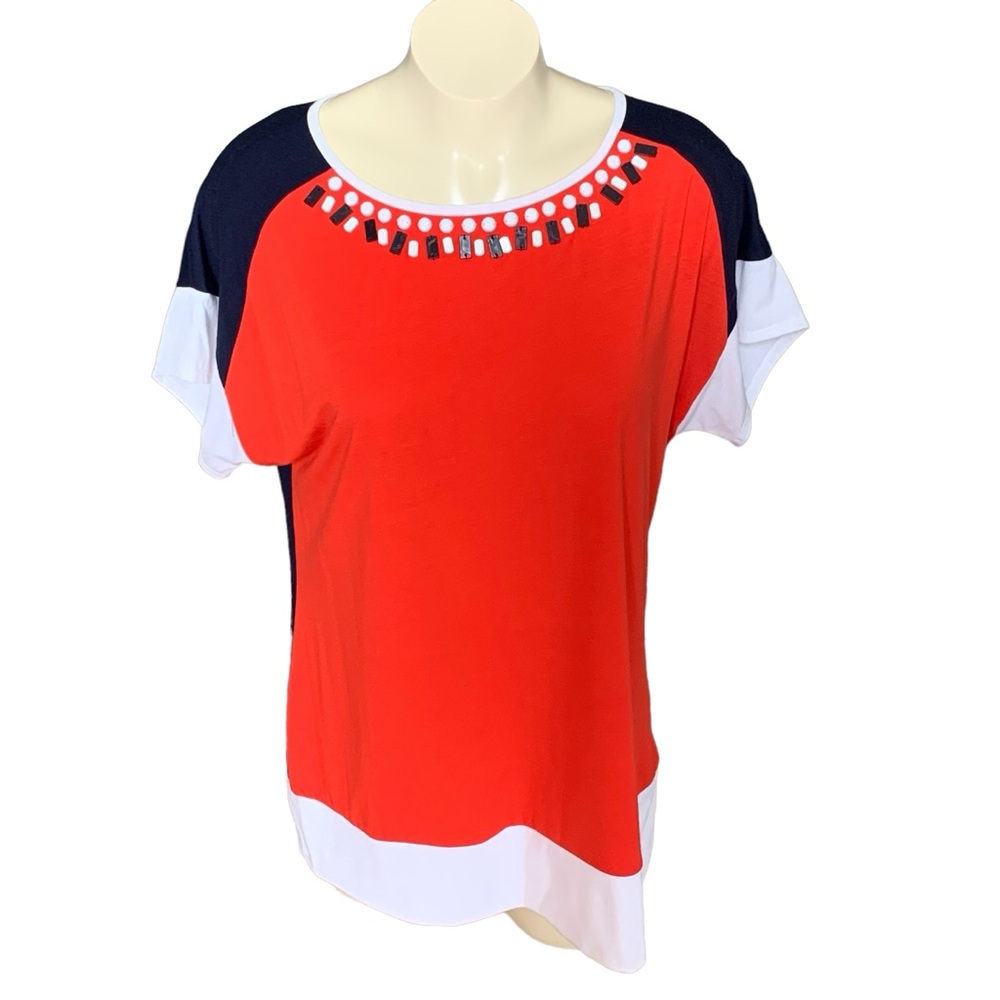 Pretty Beaded NWOT Red Ruby Top in Red and Blue with White Accent.